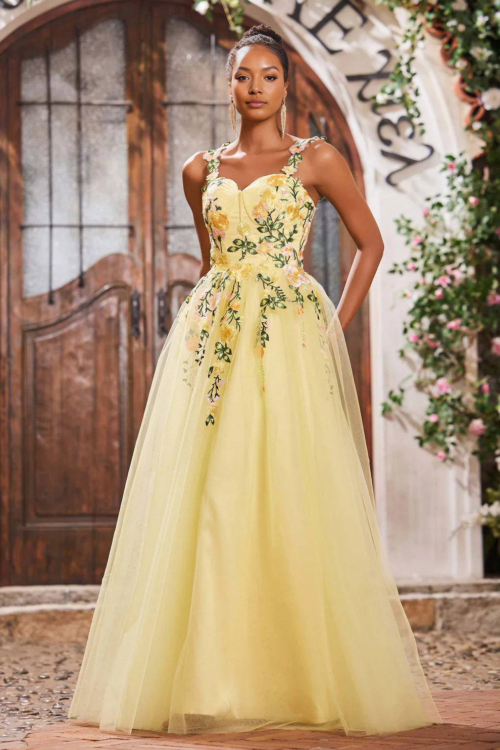 Exquisite A-Line Sweetheart Neckline Sleeveless Floral Applique Tulle Long Discount Party Dress Hot Sale Prom Dresses